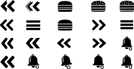 Website Menu and Control Button Icon Vector Set including Burger Menu, Arrows, and Notification Icons
