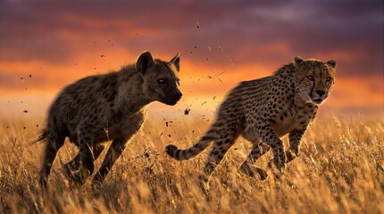 Dynamic Cheetah and Hyena Chase at Sunset on African Savannah

