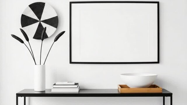 Minimalist living room interior with black metal pendant lamp, empty framed poster on white wall, matte black table, stacked book, and ceramic bowl in soft daylight