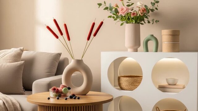 Modern beige living room interior with round coffee table, reed diffuser and stacked books, pink flowers in ceramic vase, arched wall shelf niches and soft natural light