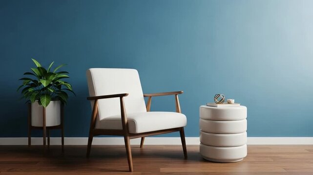 White upholstered armchair with wooden armrests beside round white side table and potted plant, minimal living room interior with matte blue wall, soft daylight and clean shadows