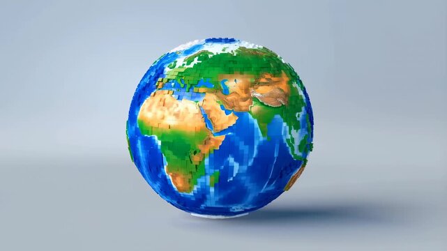 Colorful globe made of building blocks rotating on a smooth surface. Represents creativity, education, and global awareness through play