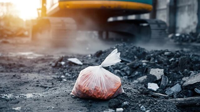 Construction debris removal and waste management with a garbage bag and excavator in the background