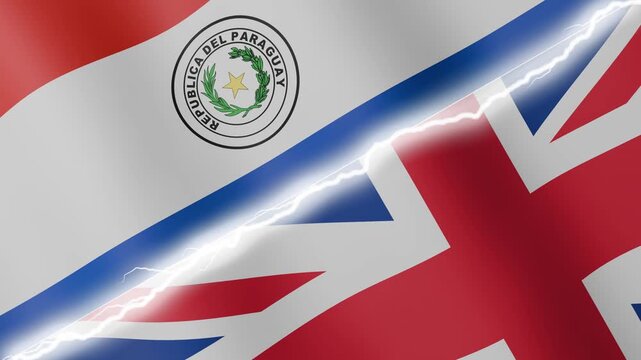 Two waving flags Paraguay and United Kingdom with diagonal lightning seamless, 4k loop