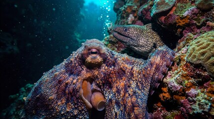 Underwater Encounter Vibrant Octopus and Moray Eel in Coral Reef

