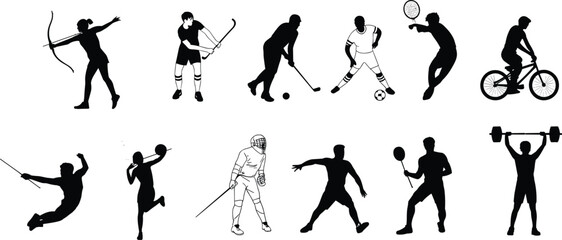 Athletes silhouettes set in different sports actions, collection of active players isolated on white background, dynamic vector illustration © Mst