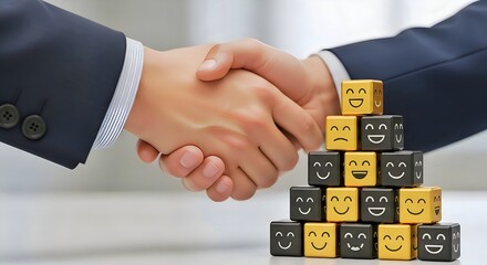 Partnership and Client Satisfaction: Close-Up of a Business Handshake Next to Happy Face Emoji Cubes.