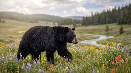 Wild Black Bear Walking in Meadow with Colorful Wildflowers and a River

