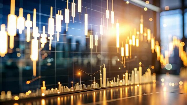 Abstract glowing financial stock chart candlestick patterns with city skyline background