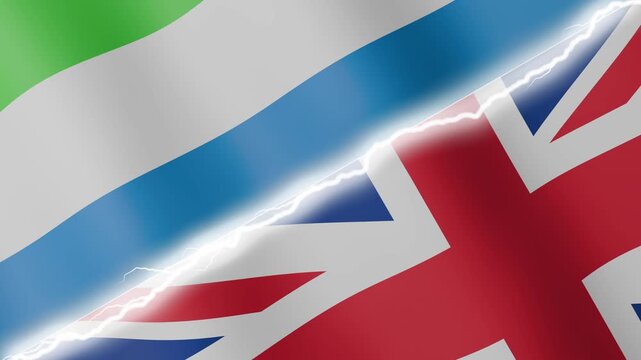 Two waving flags Sierra Leone and United Kingdom with diagonal lightning seamless, 4k loop