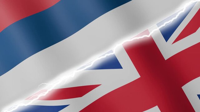Two waving flags Serbia and United Kingdom with diagonal lightning seamless, 4k loop