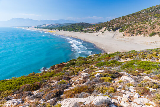 Patara beach aerial view, natural photo taken on a sunny summer day. This beach is located near the ancient Lycian city of Patara in Turkey