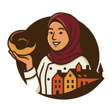 Yeh ek creative illustrated logo hai jismein hijab pehni hui muskurati ladki apne haath par billi ko pyaar se pakre hue hai. Neeche chhote gharon ka design community aur warmth ko represent karta hai.