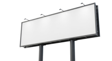 Obraz premium A blank white billboard with a dark gray frame and matte black poles, set against a transparent background with ample copy space, illuminated by bright, even, high-key lighting in a medium shot