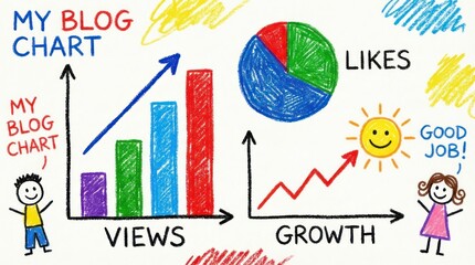 Obraz premium Hand Drawn Crayon Illustration Depicting Blog Growth and Views Charts with Stick Figures Creative Content Marketing Beginner Creator Milestones