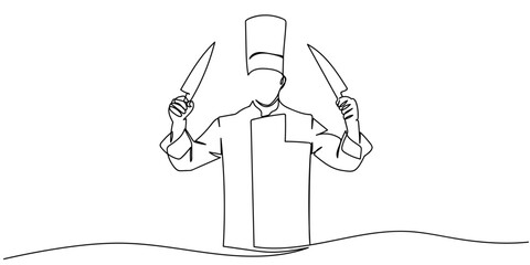 Obraz premium Single continuous line art style: Chef holding knives in both hands. Line art Illustration Editable stroke.