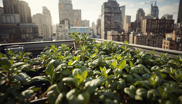 Lush rooftop garden in modern cityscape with green plants