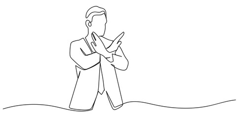 Single continuous line art style: A businessman raises his hand in refusal. Line art Illustration Editable stroke. © Proongnee