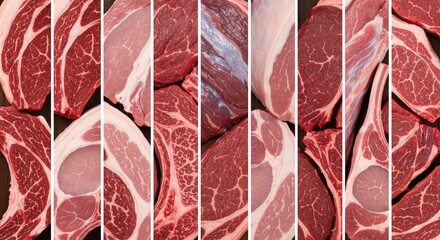 Colorful Collage of Diverse Meats Showcasing Varied Beef Cuts, Textures, and Culinary Inspiration
