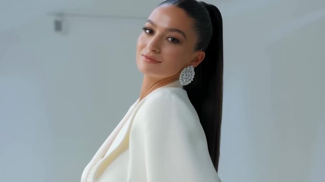 Elegant model showcasing a stylish white outfit with statement earrings. Represents fashion, beauty, and modern elegance in the apparel industry