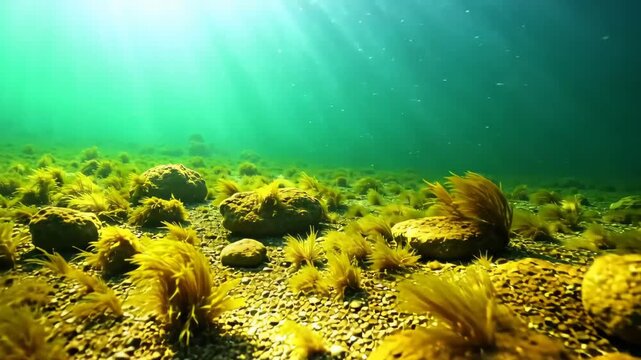 Underwater riverbed with aquatic plants swaying gently, light rays dancing across stones, small particles floating, cool green tones, calm aquatic