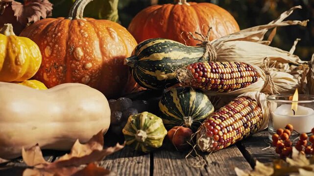 Autumn harvest display with pumpkins and corn on a rustic wooden table. Thanksgiving decoration with candle and fall leaves