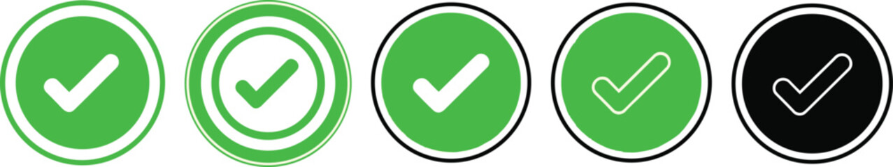 Check mark icons set featuring green and black circular tick symbols for web interface design task completion verification and approval. © Mst