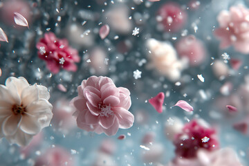 Fototapeta premium Floating pink flowers and white snowflakes on soft blue blurred background
