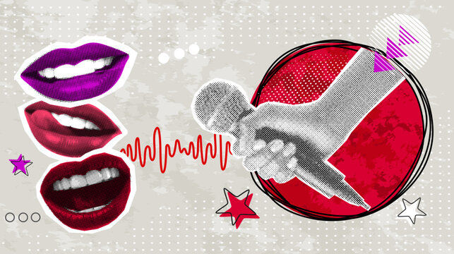 Trendy Halftone Collage mouths and microphone in hand. Collage banner would be fine for interview, podcast, news, public speaker or karaoke and singing.Halftone open mouth and mic. Vector illustration
