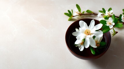 Fototapeta premium A graceful arrangement of white flowers floating in a decorative bowl, symbolizing purity and tranquility. This visually pleasing image creates a serene environment for relaxation.