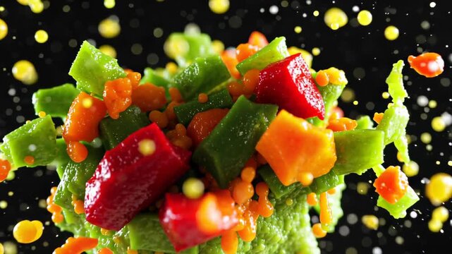 Mixed vegetable cube bursting into colorful fragments of green, orange, and red with fresh juice spray blending, dynamic slow motion capture on dark