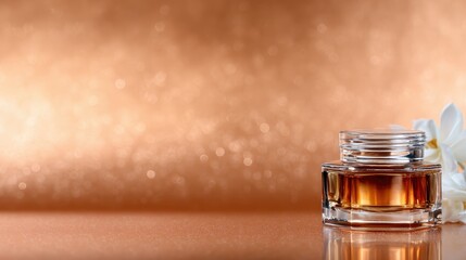 A beautifully crafted perfume bottle sits elegantly on a shimmering surface, surrounded by a warm, copper backdrop, embodying luxury and sophistication with timeless appeal.