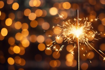 Obraz premium Sparkler burning with golden sparks and defocused lights creating a festive atmosphere