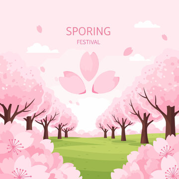 A vibrant illustration of a spring festival with abundant pink cherry blossom trees, falling petals, and a grassy path under a soft pink sky.