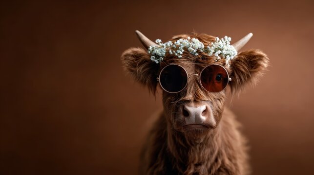 An amusing portrait of a cow donned with stylish sunglasses and a floral crown, exuding a whimsical and fun vibe that captures the essence of lightheartedness in rural life.