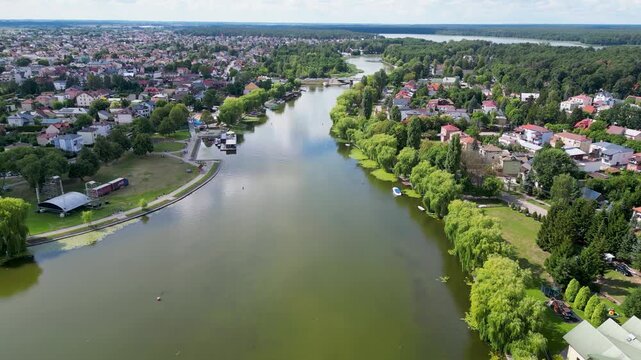 Drone video of Augustow city on the Netta River and Augustow Canal, Podlaskie region, Poland