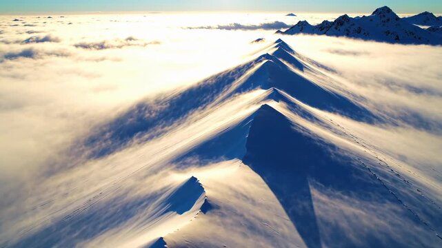 Aerial pass over snowy mountain ridge, drifting snow, strong wind, powder trails. Pale sunlight, minimal cold landscape, quiet winter mood, seamless