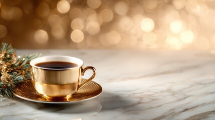 Fototapeta premium An elegant coffee cup with golden accents sits atop a marble surface, presenting a luxurious ambiance complemented by soft bokeh lights in the background.