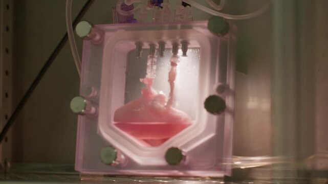 Close-up of a biological organ sample suspended in fluid inside a perfusion bioreactor, used for advanced medical and biotechnology research.
