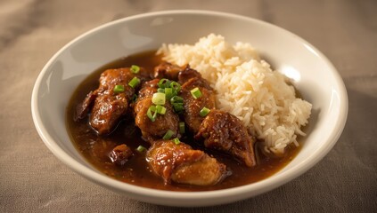 Fototapeta premium Filipino chicken adobo served with rice and sauce