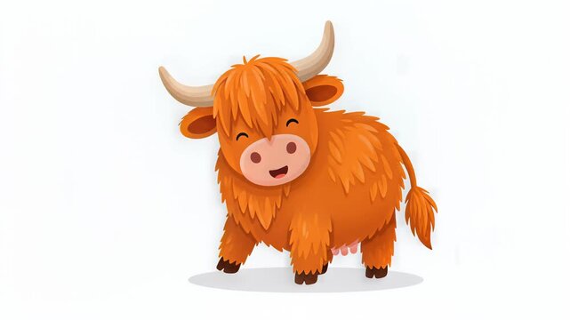 Happy Cartoon Highland Cow Isolated White Background