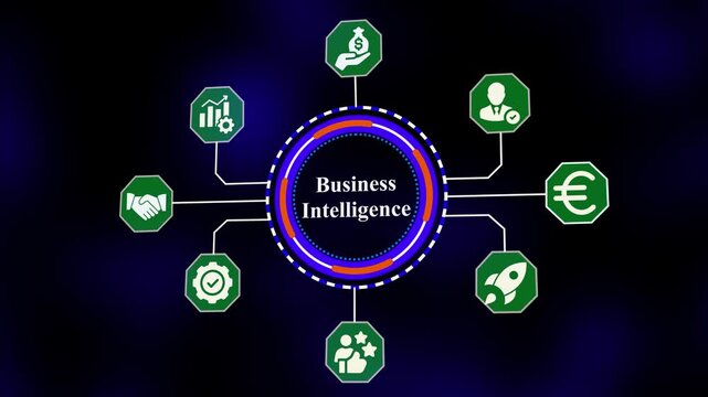 Business Intelligence network hub design highlighting analytics, financial insights, performance metrics and strategic corporate decision systems.