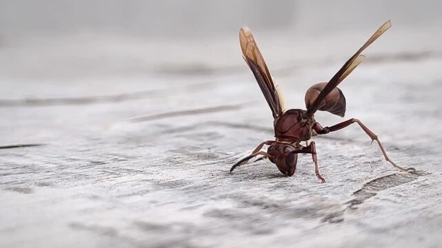 4K Macro Video of Wasp Gnawing on Plywood Surface for Nest Building