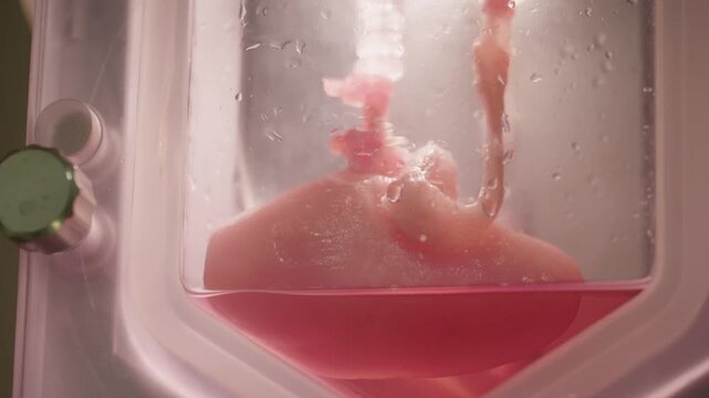 Close-up of an organ-on-a-chip style bioreactor containing a biological tissue sample immersed in red nutrient fluid. Ideal for biotechnology, medical research, and advanced laboratory concepts.