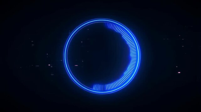 Animated circular audio visualizer with glowing blue neon elements. Represents sound waves and music visualization for digital media projects