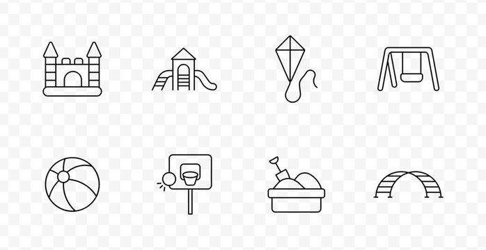 Playground set icon. Inflatable castle, slide, kite, swing, beach ball, basketball hoop, sandbox, climbing arch, childrens activity area.
