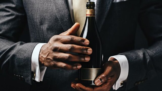 A sophisticated individual in a suit presents a bottle of dark liquid, possibly wine or spirits, with elegance and refinement