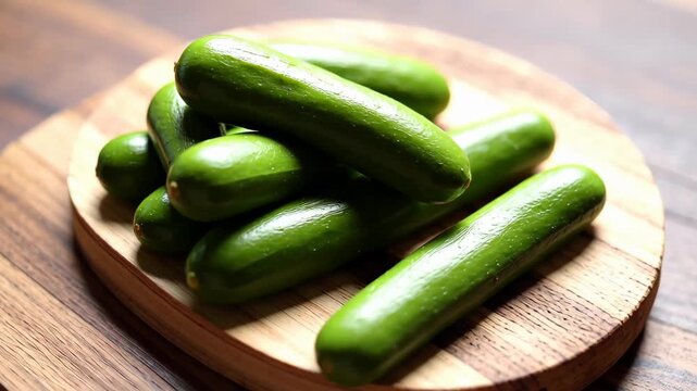 Slow lateral slide of neatly stacked zucchini and squash with soft lighting.
