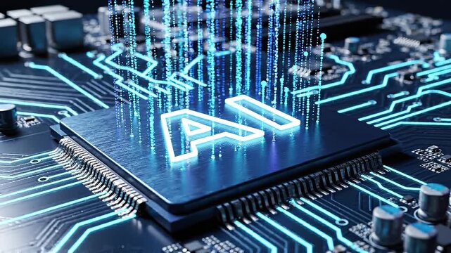 Futuristic A I chip with glowing neon blue circuits and data streams on a dark motherboard macro shot representing artificial intelligence technology and digital innovation