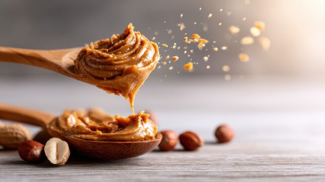 Two wooden spoons filled with creamy peanut butter, one spoon seemingly lifting out the mixture and surrounded by scattered peanuts, evoking fun and appetizing snack moments.